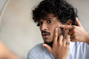 Portrait of handsome indian man touching his face, pressing pimple on face with, a Person Photo by Prostock-Studio