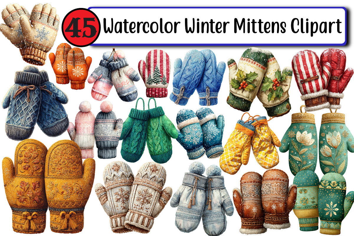 Watercolor Winter Mittens Clipart, an Illustration by Design Market (Photo 1 of 3)