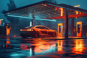 A sleek Tesla car charging at a futuristic electric vehicle charging station. T, a Technology Photo by Textures & Backgrounds