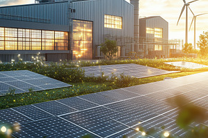 A modern industrial facility with solar panels and wind turbines, showcasing re, a Transportation Photo by Textures & Backgrounds