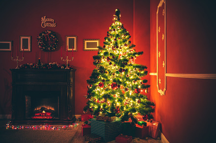 Christmas living room stock photo containing ball and box