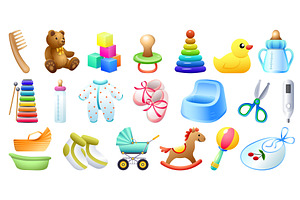 Baby Items Icons Set, Cartoon Style