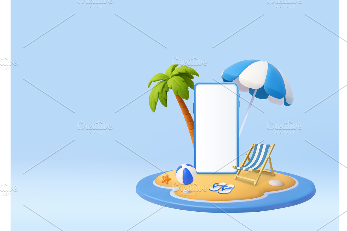 3D Summer Beach with Smartphone, a Technology Illustration by ModVector