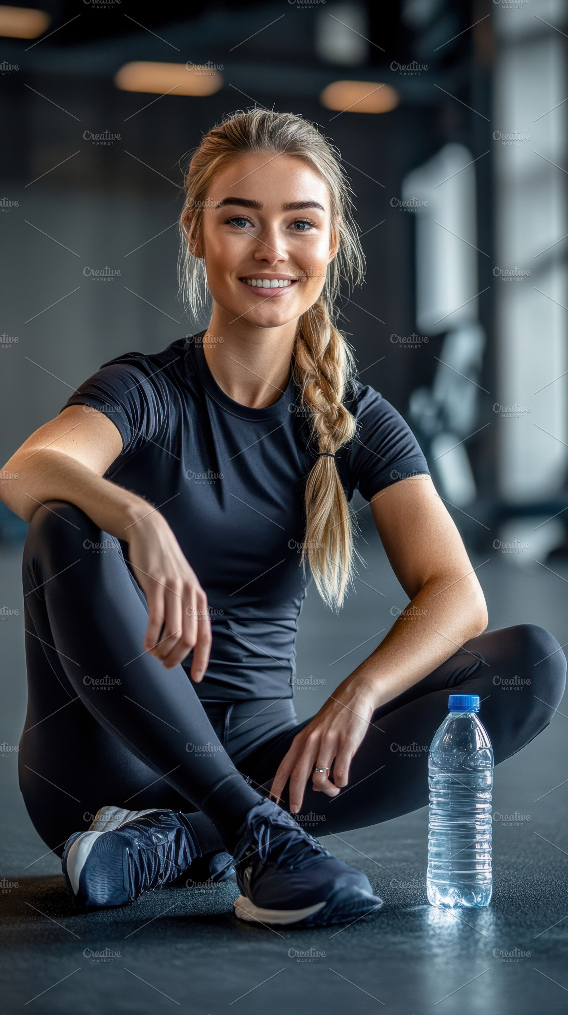 Smiling woman rests post-workout, a Photo by Beautiful things