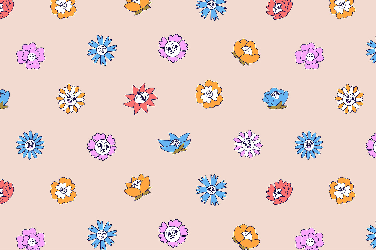 Cute groovy flowers set, backgrounds, a Decorative Illustration by PaperTrident (Photo 7 of 8)