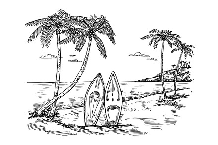 Hand drawn surf paradise. Sketch, an Illustration by winwin.art