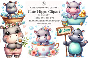 Watercolor Cute Hippo Clipart, an Illustration by OK Design (Thumbnail 1 of 5)