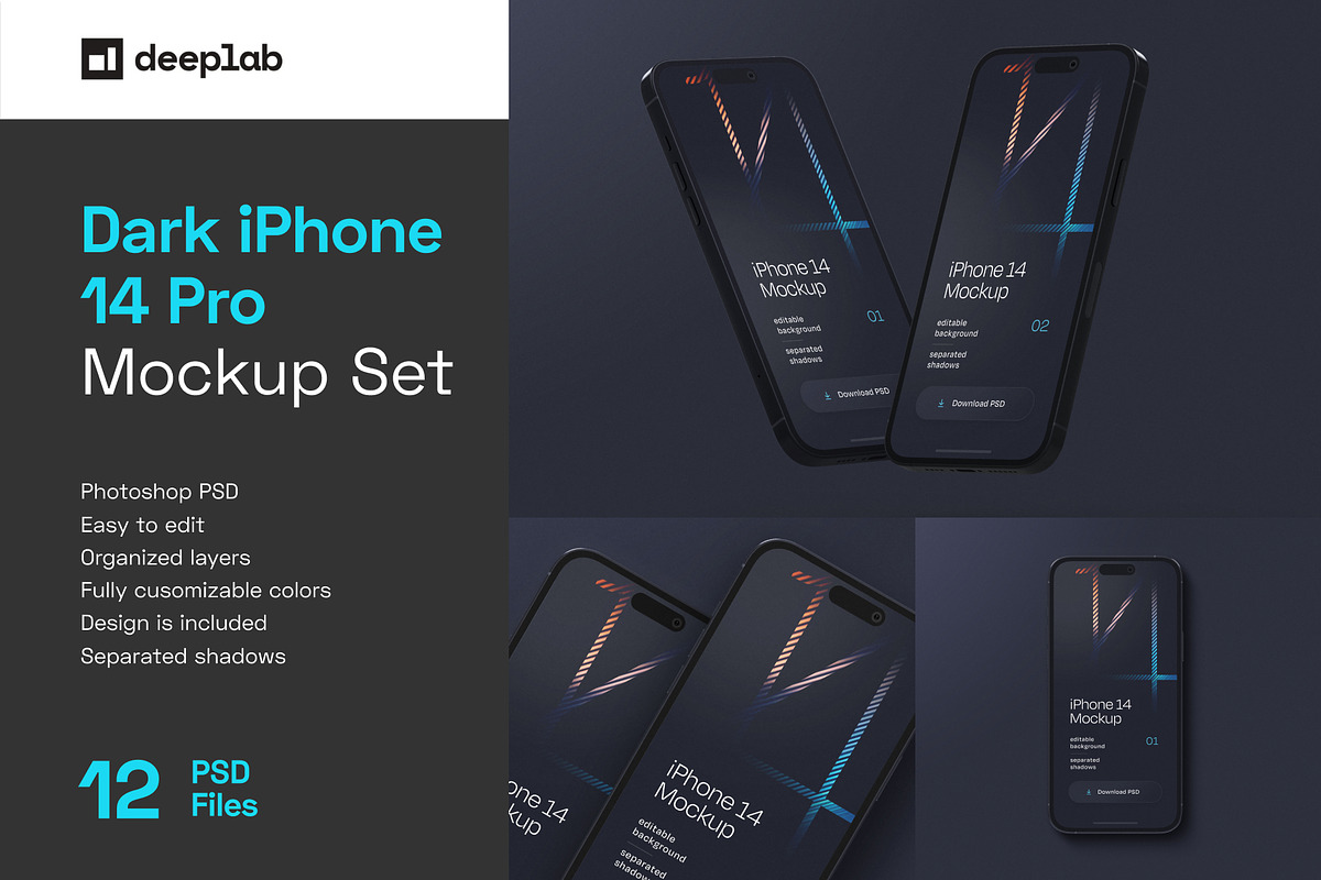 Dark iPhone 14 Pro Mockup Set, an iPhone Mockup by Deeplab (Photo 1 of 15)