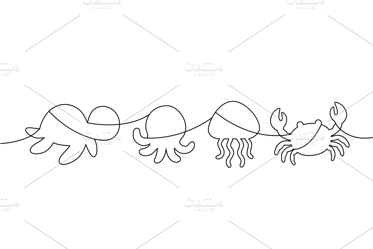 Continuous one-line ocean animals of, an Animal Illustration by GraphiShop
