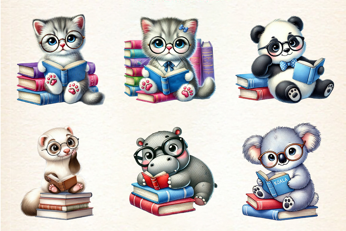 Cute Animals Reading Book Clipart PN, an Illustration by DreamArtGraphic (Photo 2 of 4)
