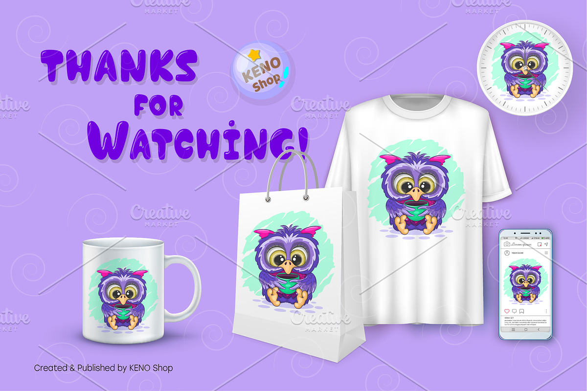 Cartoon owl with a cup. Tshirt, PNG., an Animal Illustration by KENO Mascots (Photo 4 of 4)