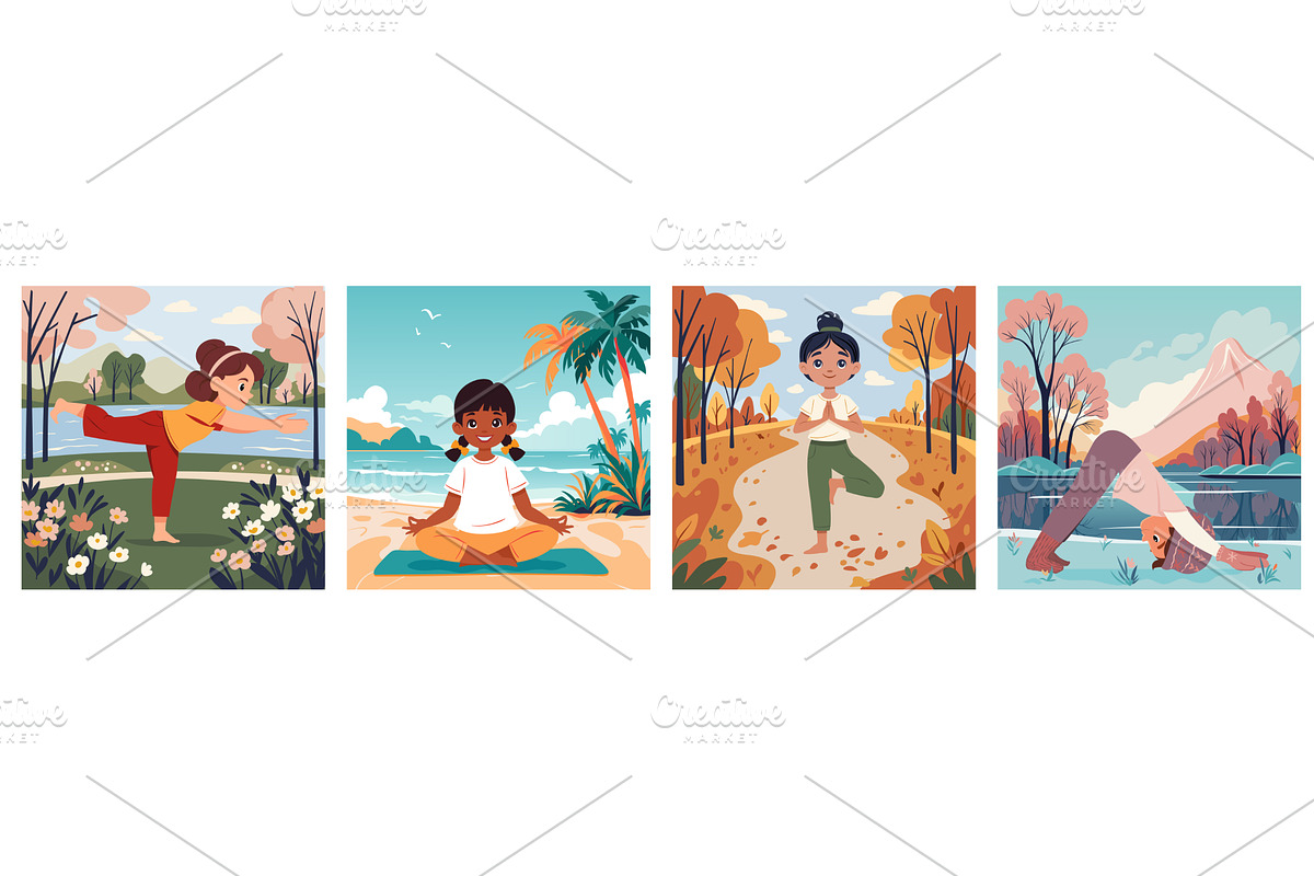 Girls doing yoga in nature, outdoor, a Sport Illustration by kavalenkava