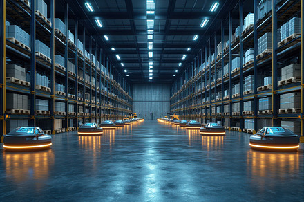 Warehouse robots transport packages, a Background Photo by Pixeness