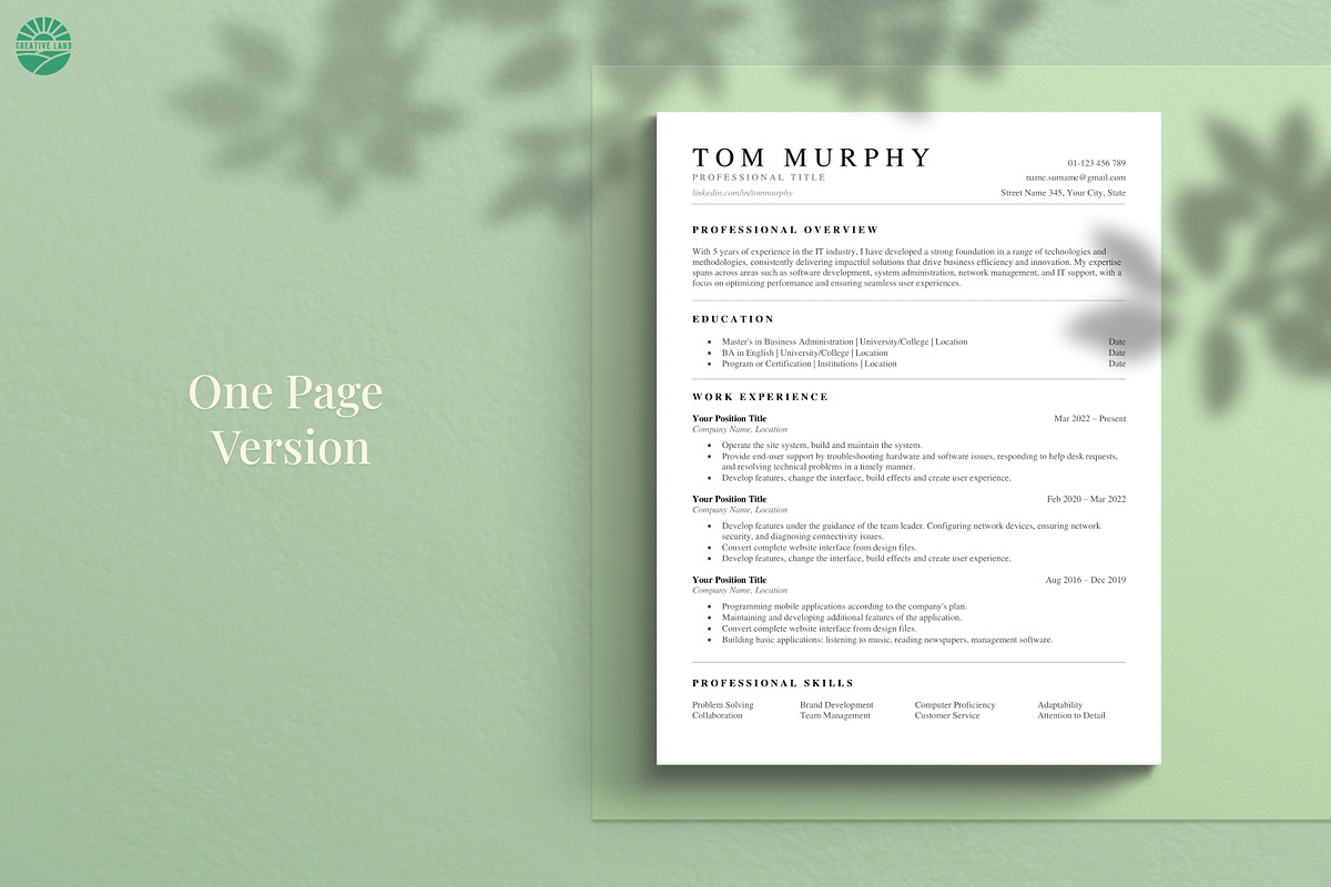 Professional ATS Resume Template, a Resume Template by CreativeLandStudio (Photo 2 of 10)