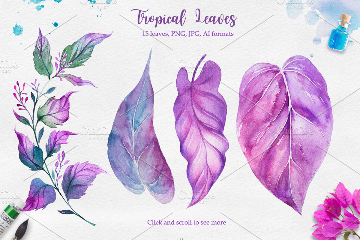 Tropical. Watercolor illustrations., a Decorative Illustration by AlexGreenArt (Photo 5 of 12)