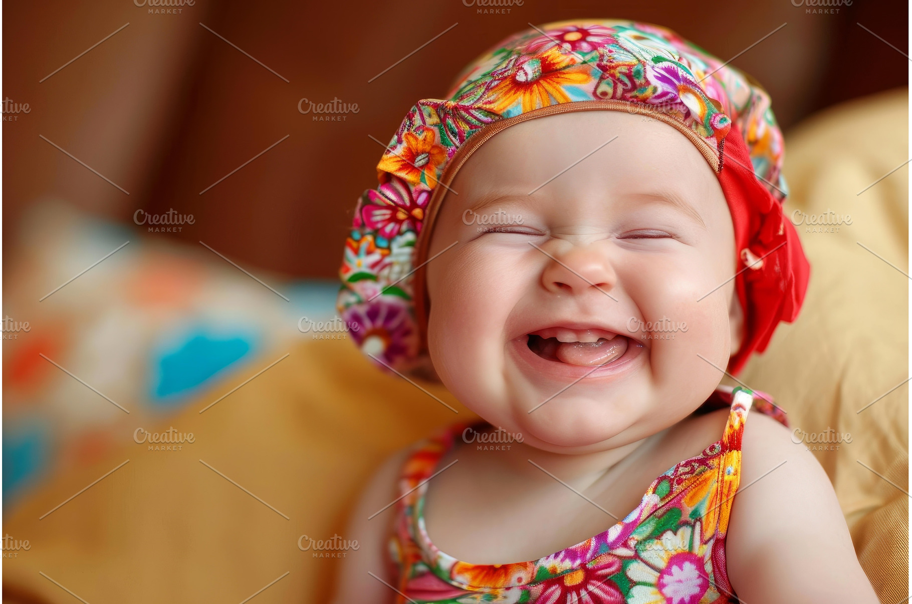 Joyful infant in floral hat laughing, a Person Photo by Ylivdesign