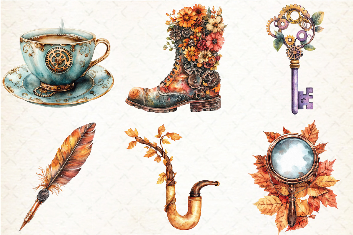 Watercolor Steampunk Autumn Clipart, an Illustration by Libby Wishes (Photo 2 of 9)