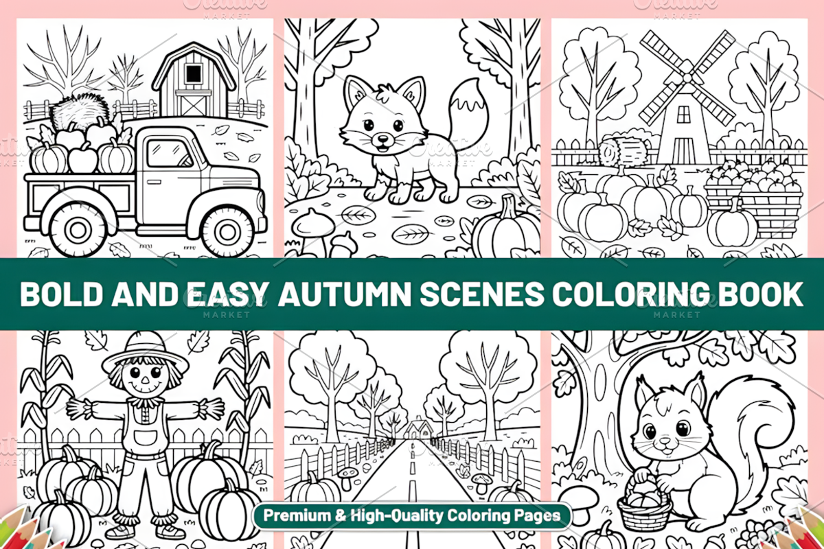 BOLD EASY AUTUMN SCENES COLORING, a Seasonal Illustration by Coco Bloom (Photo 2 of 3)