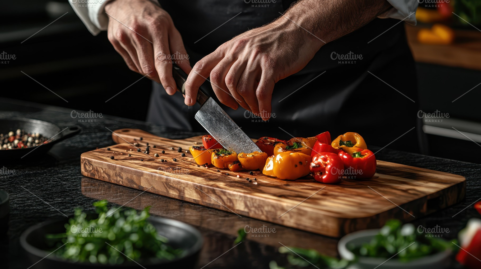 Chef preparing a colorful bell peppe, a Photo by Pixeness Studio
