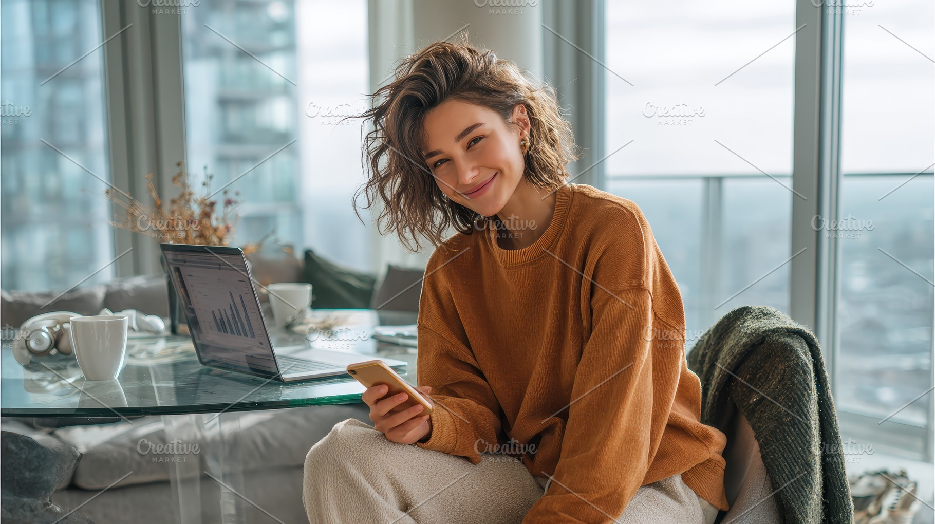 Happy woman using phone laptop near, a Photo by Pixeness Studio