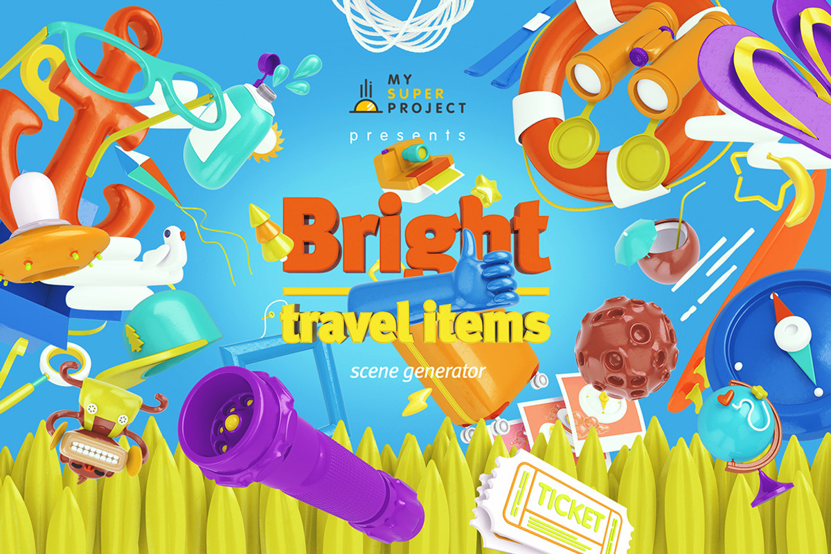 Bright Travel Items Scene Generator, a Product Mockup by mysuperproject (Photo 1 of 16)