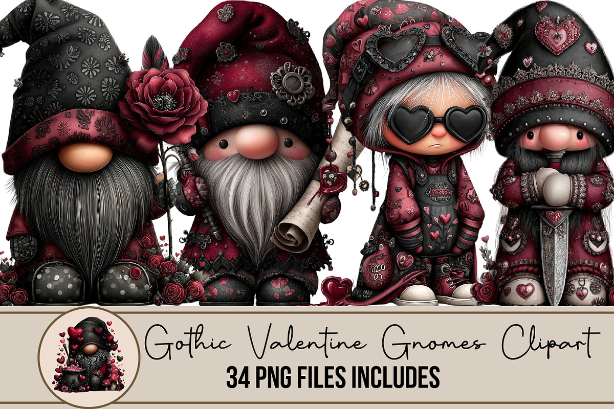 Gothic Valentine Gnomes Clipart, an Illustration by DreamArtGraphic (Photo 1 of 4)