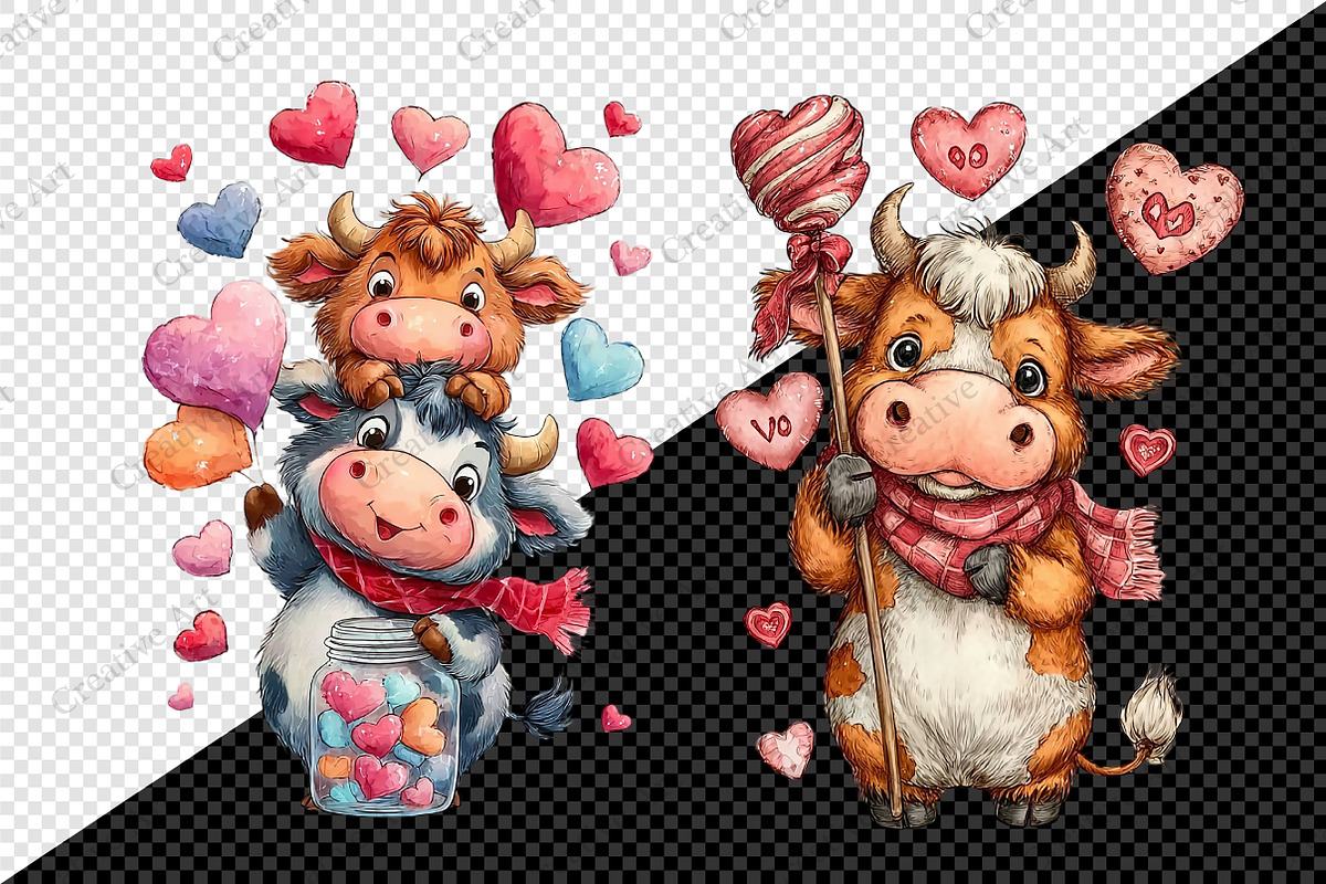 Valentine Highland Cow Clipart, an Illustration by Creative Art (Photo 3 of 9)