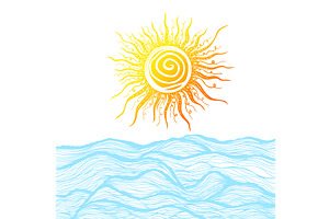 Sea graphic waves and the sun. Hand, an Illustration by Nenahliadava Design