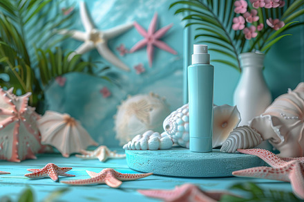 Elegant Cosmetic Product Display in a Tropical Beach Setting With Starfish and, a Photo by AS photostudio