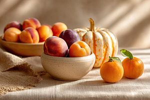 Late summer fruits displayed on a kitchen table with natural light and warm col, a Food & Drink Photo by AlyaAnd