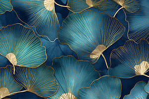 Ginkgo biloba abstract top view in blue golden colors, line desi
