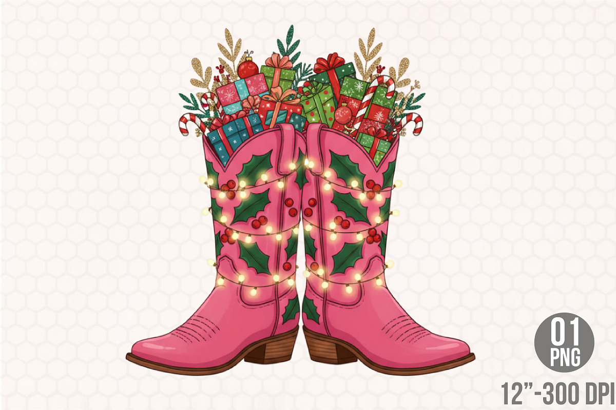 Pink Christmas Western Cowboy Boots, an Illustration by Designking (Photo 1 of 4)