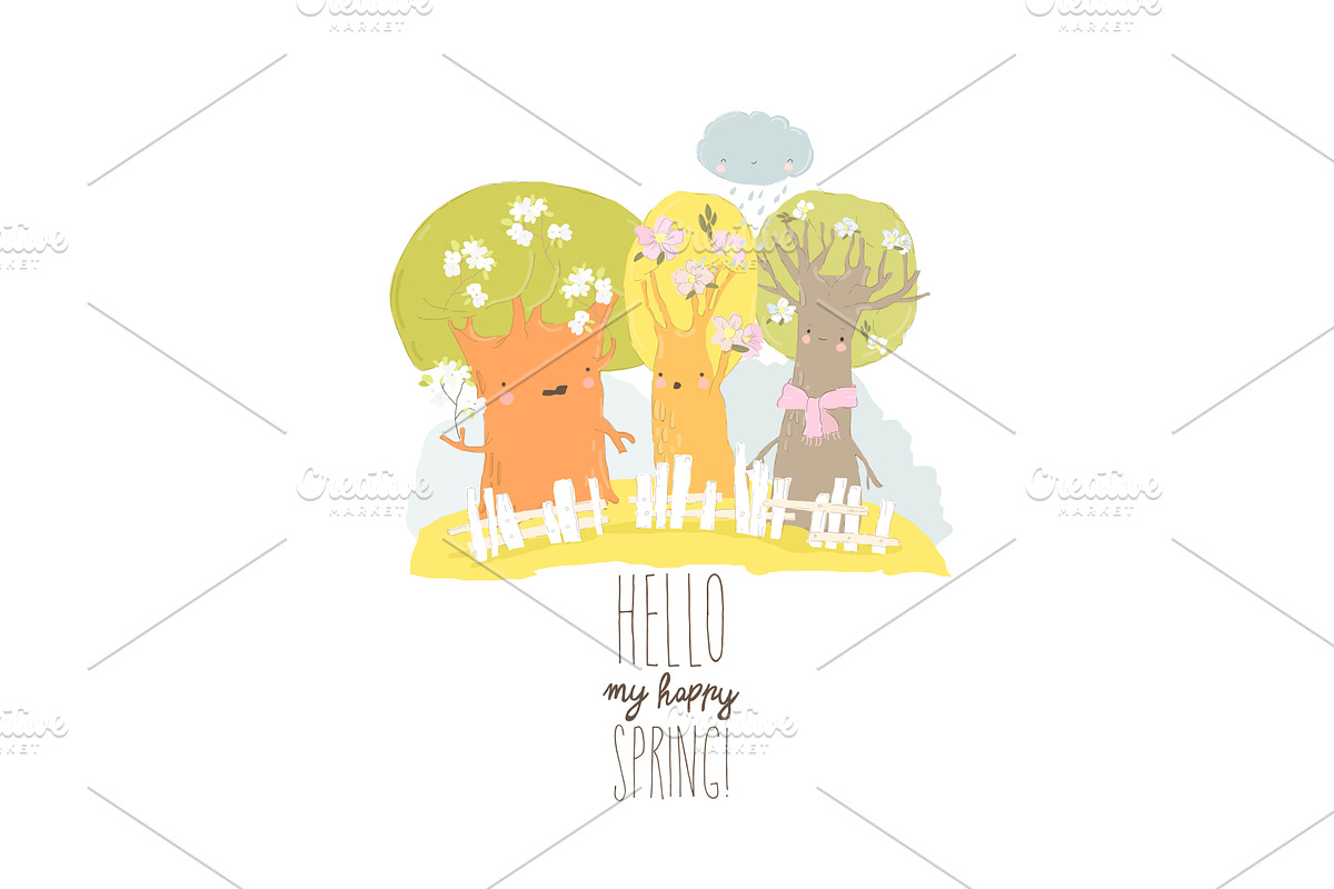 Cartoon Spring Blooming Trees. Happy, an Object Illustration by Maria Starus