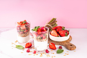 Breakfast Rhubarb Strawberry Yogurt Parfaits with Granola and Nu, a Food & Drink Photo by Rimma