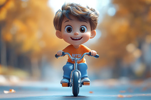 Young boy happily riding a bicycle t, a Photo by Tanuart