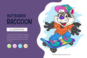 Cute Cartoon Raccoon On A Skateboard