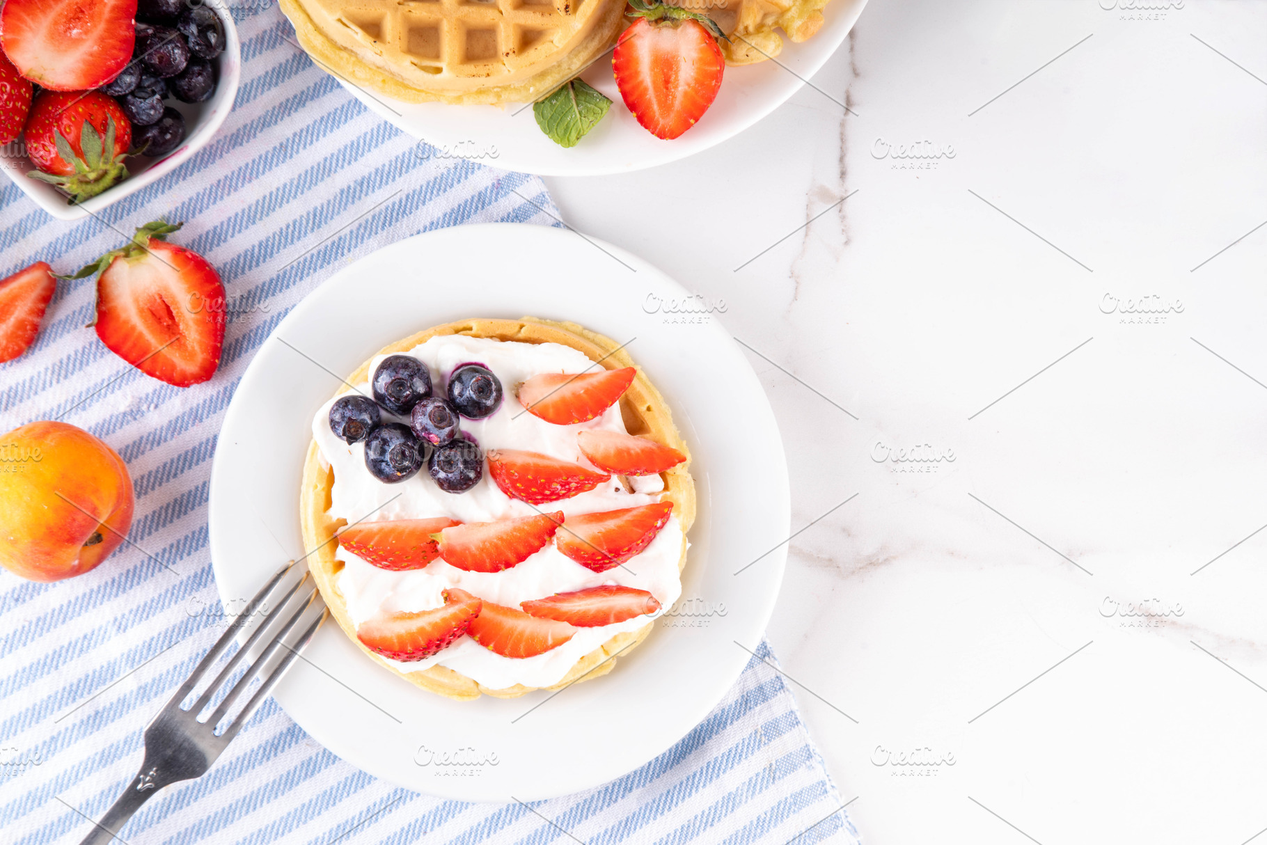 Breakfast waffles for Independence Day, decorated in American fl, a Food & Drink Photo by Rimma