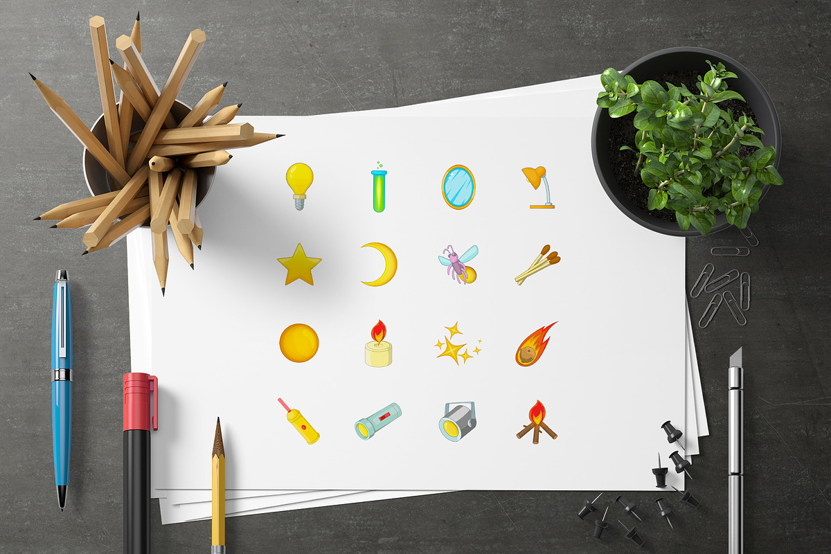 Sources of light icons set, cartoon, an Icon by Ylivdesign