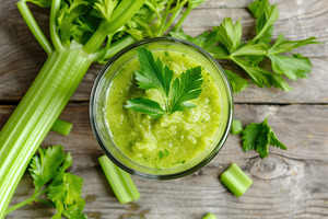 Fresh celery juice in glass on wooden table, a Food & Drink Photo by AlyaAnd