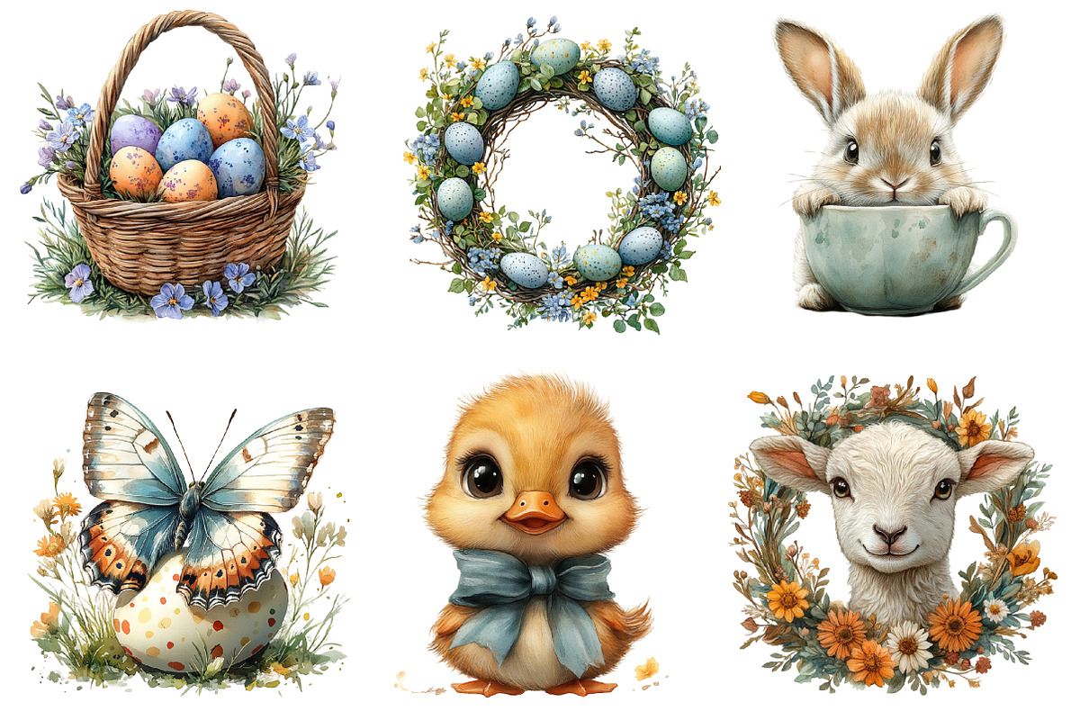 Watercolor Cute Easter Clipart PNG, an Illustration by SinaCreation (Photo 3 of 5)
