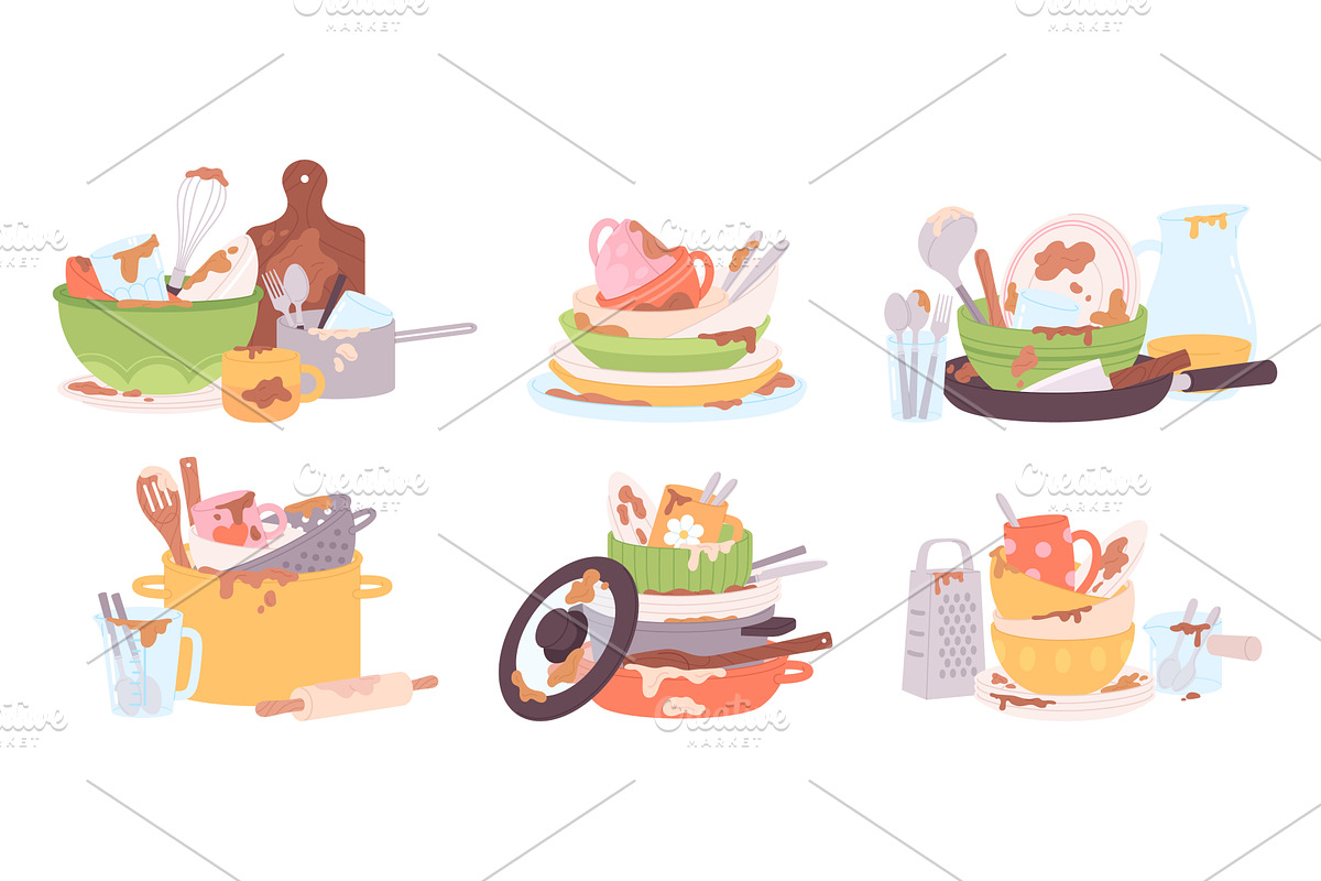 Dirty dishes. Piles of plates pan, an Illustration by LadadikArt