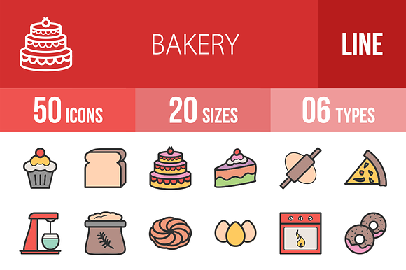 50 Bakery Line Filled Icons