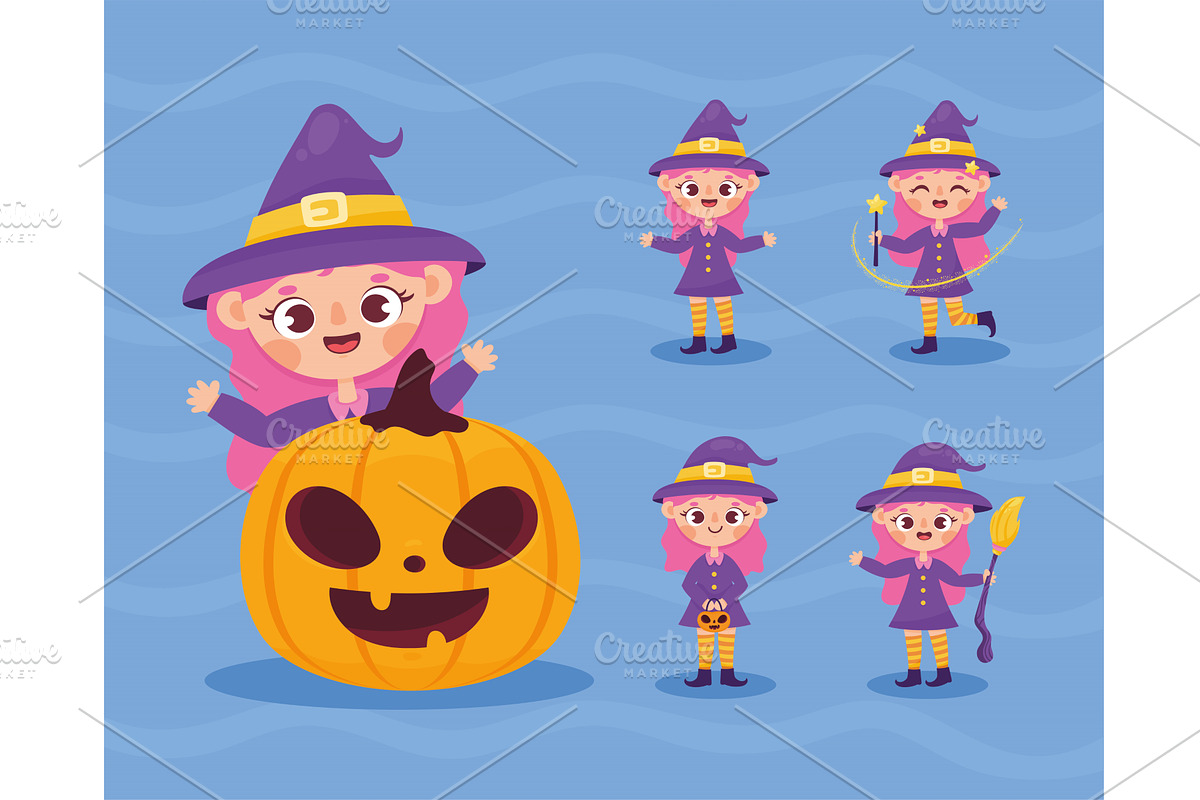 five witches with pink hair, an Illustration by studiogstock