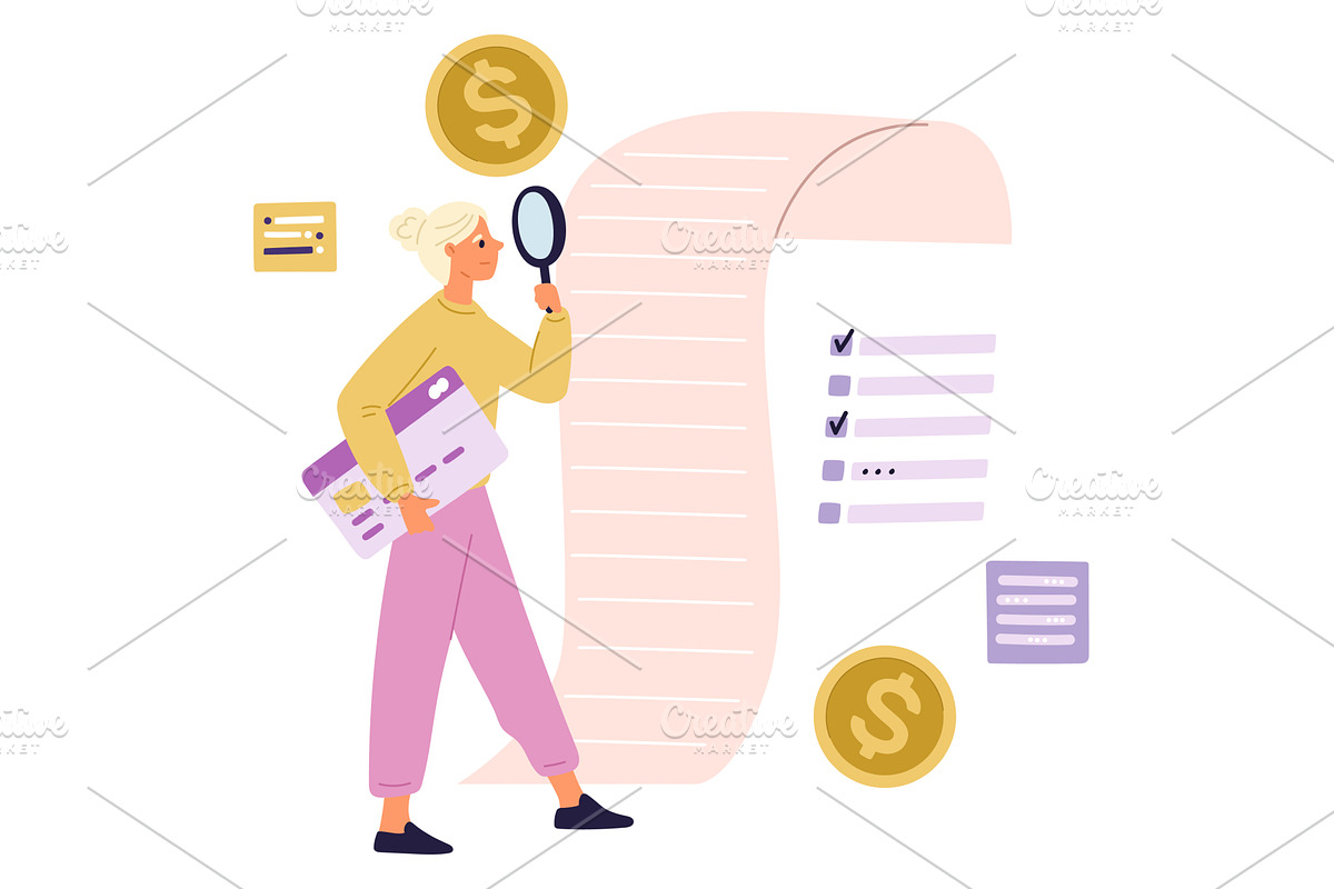 Woman examines with magnifying glass, a Finance Illustration by Vectorbuum
