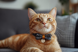 Ginger cat with bow tie lying on sof, an Animal Photo by Pixeness Studio