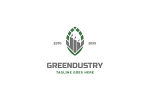 factory building and green leaf logo, a Branding & Logo Template by ZHR Creative