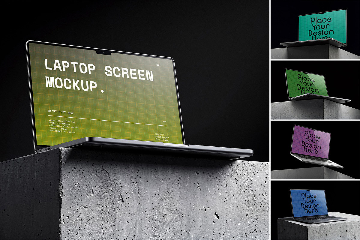 5 Laptop Mockups on Concrete Block, a Mac Mockup by smishura (Photo 1 of 11)