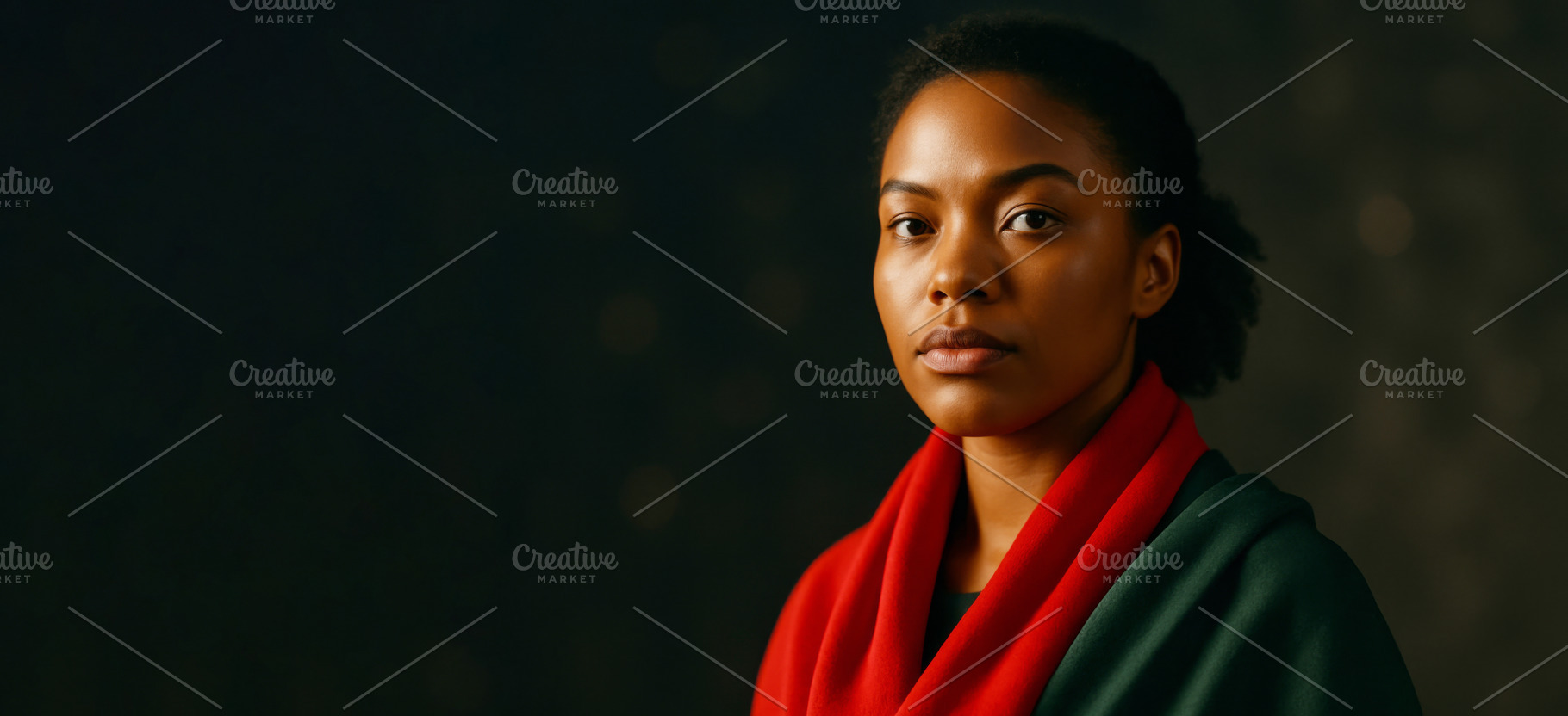 African American woman wrapped in re, a Photo by Dvoevnore photos