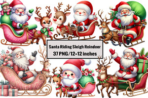 Santa Riding Sleigh Reindeer, an Illustration by Design Market