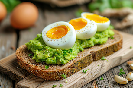 Toast rye bread with avocado puree and hard boiled eggs on wooden table, a Food & Drink Photo by AlyaAnd